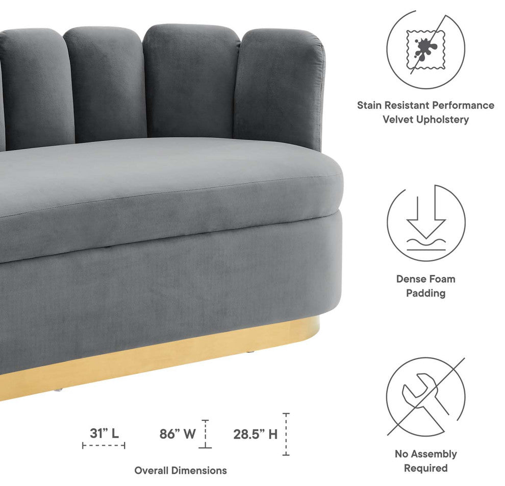 Tufted Sofa, Gray, Velvet, Modern, Mid Century Hotel Lounge Cafe Lobby