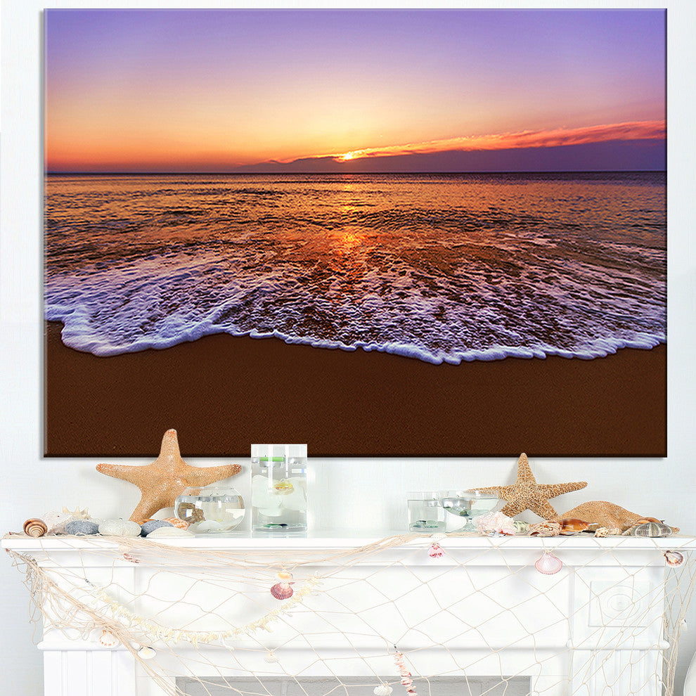 "Orange Tinged Sea Waters At Sunset" Beach Canvas Wall Art, 1 Panel, 60"x28"