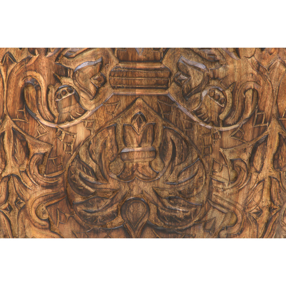 Rea 34" Coffee Table Mango Wood Round Drum Carved Damask Walnut Brown