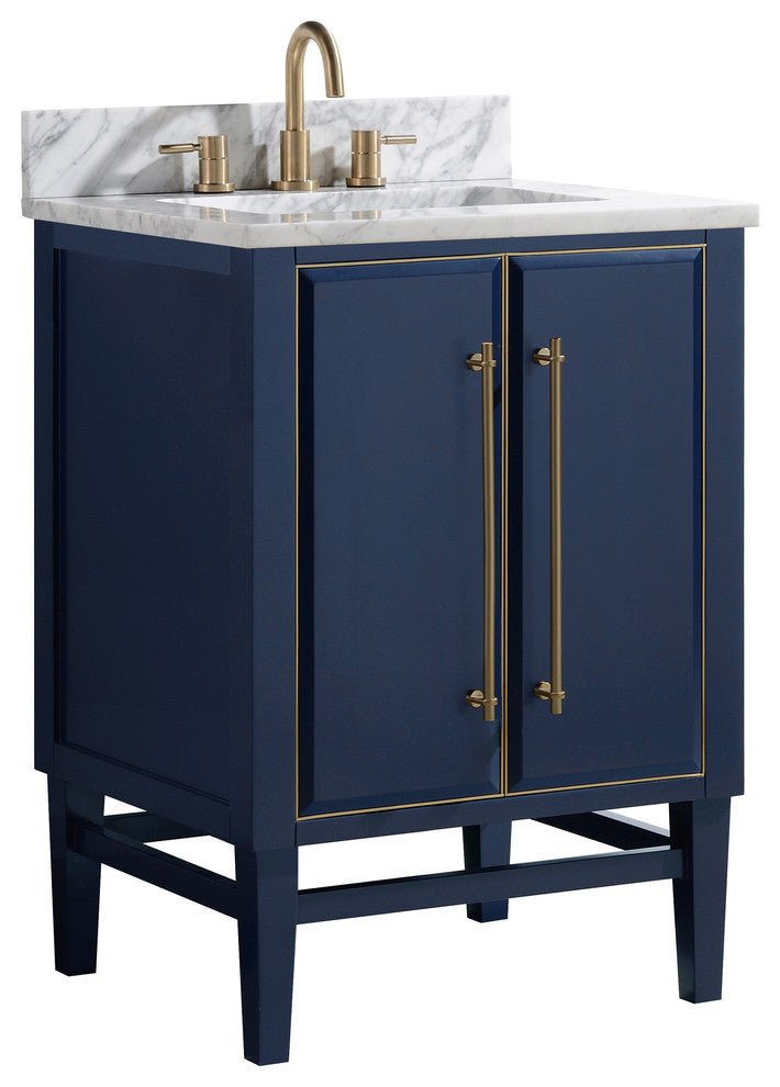 Mason 25" Vanity Combo, Navy Blue, Matte Gold Hardware / Natural 1" Carrara White Marble Countertop and Backsplash