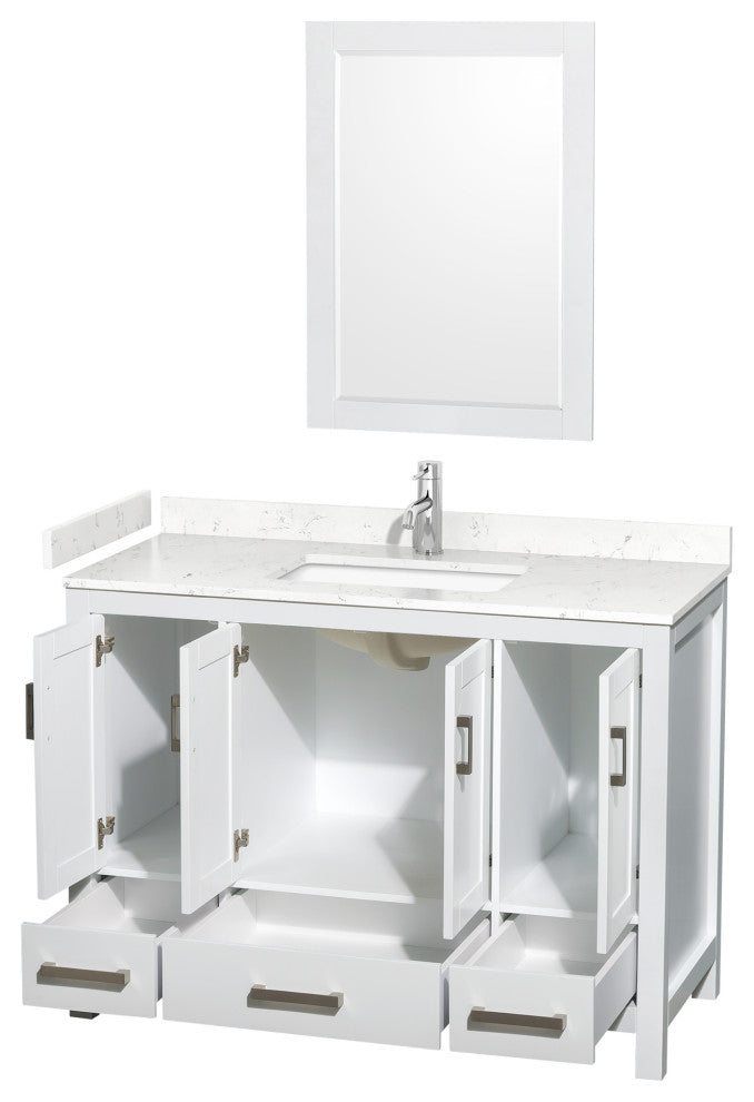 48"SGL Bathroom Vanity White, Carrara Cult. Marble Countertop, Sink, 24" Mirror