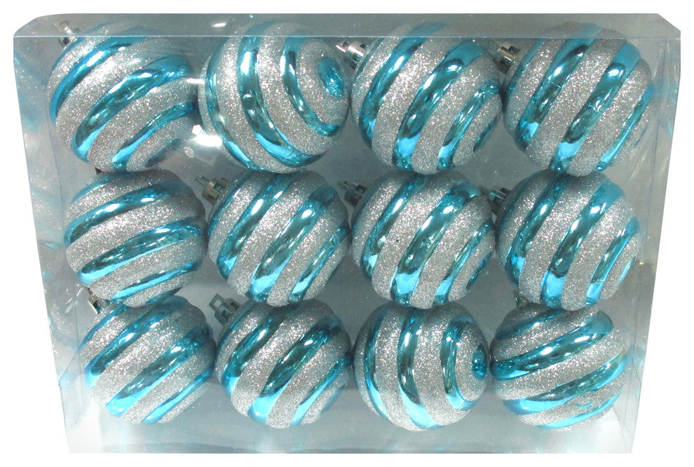 Aqua Ball Ornament With Silver Glitter Line Design, 12-Pack