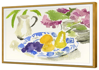 Blue Plate with Pears Fine Art Print, Gold, 18"x25"