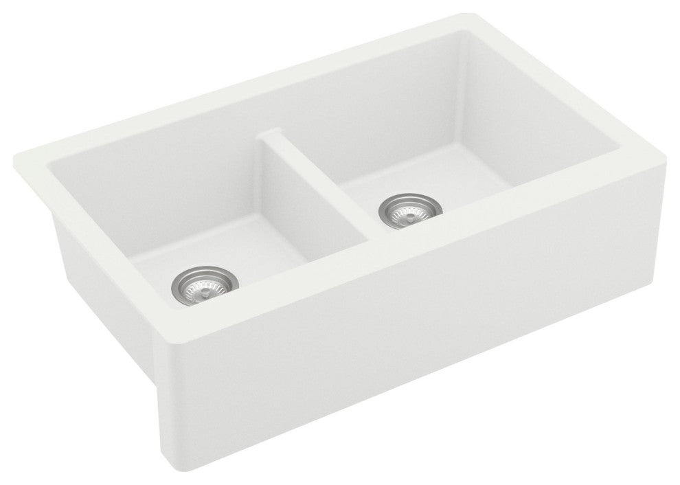 Karran Farmhouse Apron Front Quartz 34" Double Bowl Sink Kit, Black
