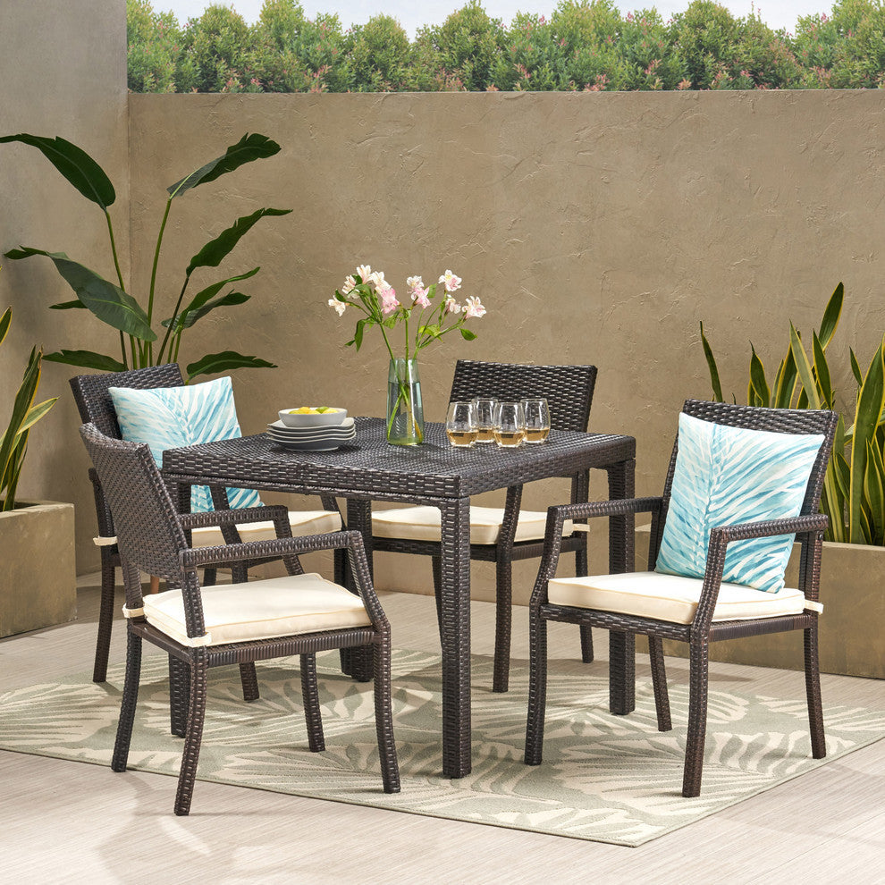 GDF Studio 5-Piece Edene Outdoor Multibrown Wicker Rectangular Dining Set