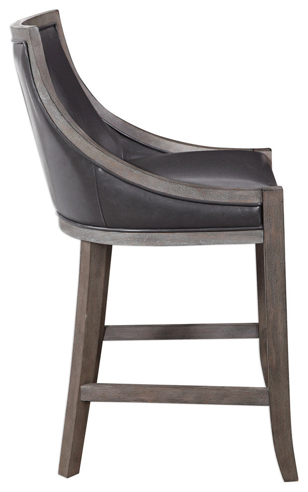 Elegant Gray Brown Faux Leather Bar Stool Counter Back Cushion Exposed Wood