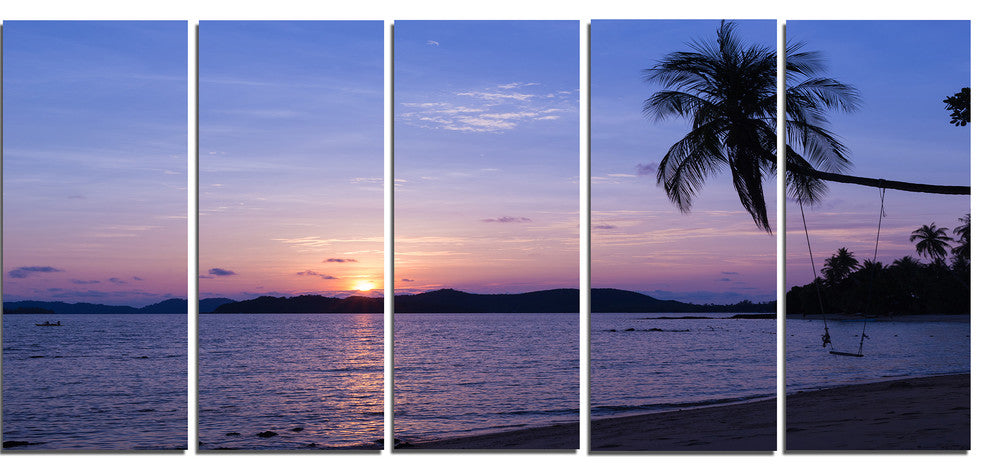 "Hanging Seat in Blue Sunset Beach" Modern Seashore Wall Art, 5 Panels, 60"x28"