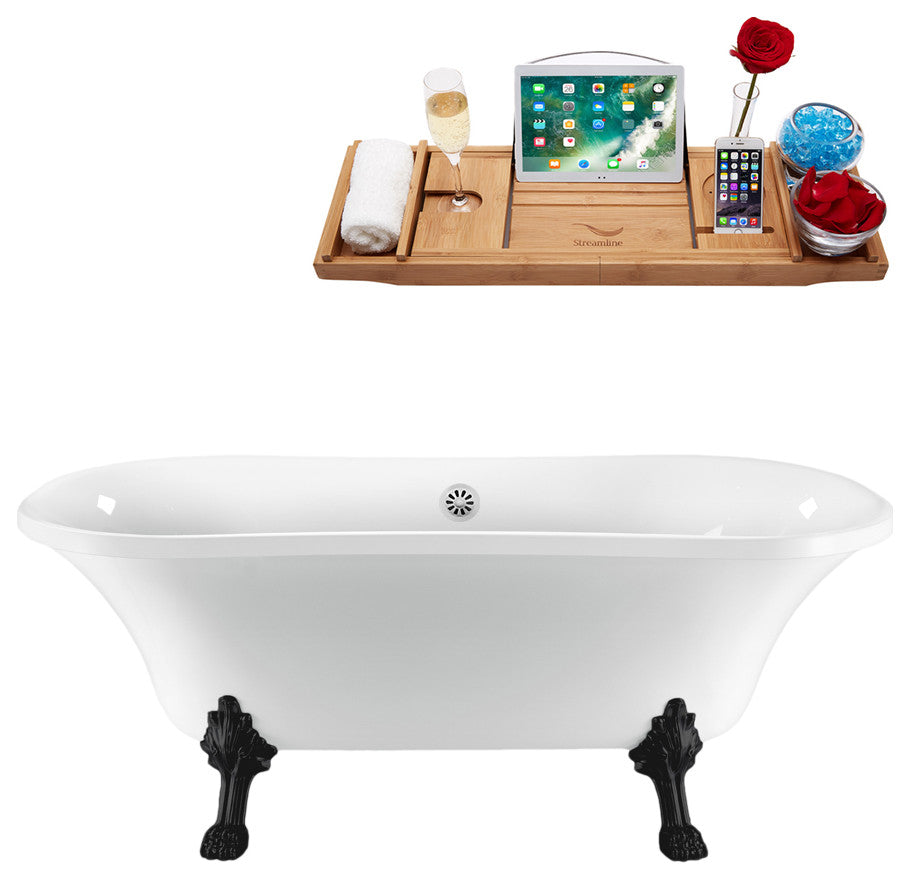 68" Streamline N861BL-WH Clawfoot Tub and Tray With External Drain