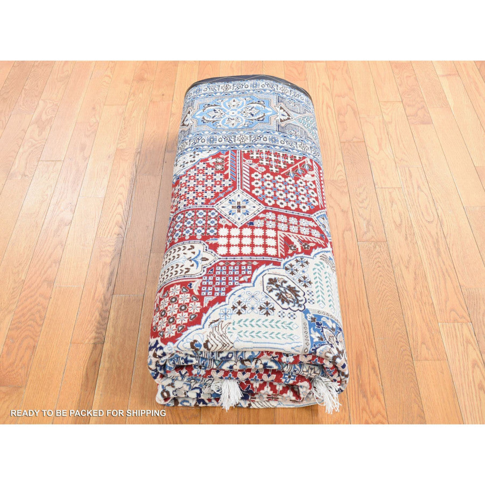 Red New Persian Nain Flower Rosettes Wool and Silk Hand Knotted Rug 7'3"x10'9"