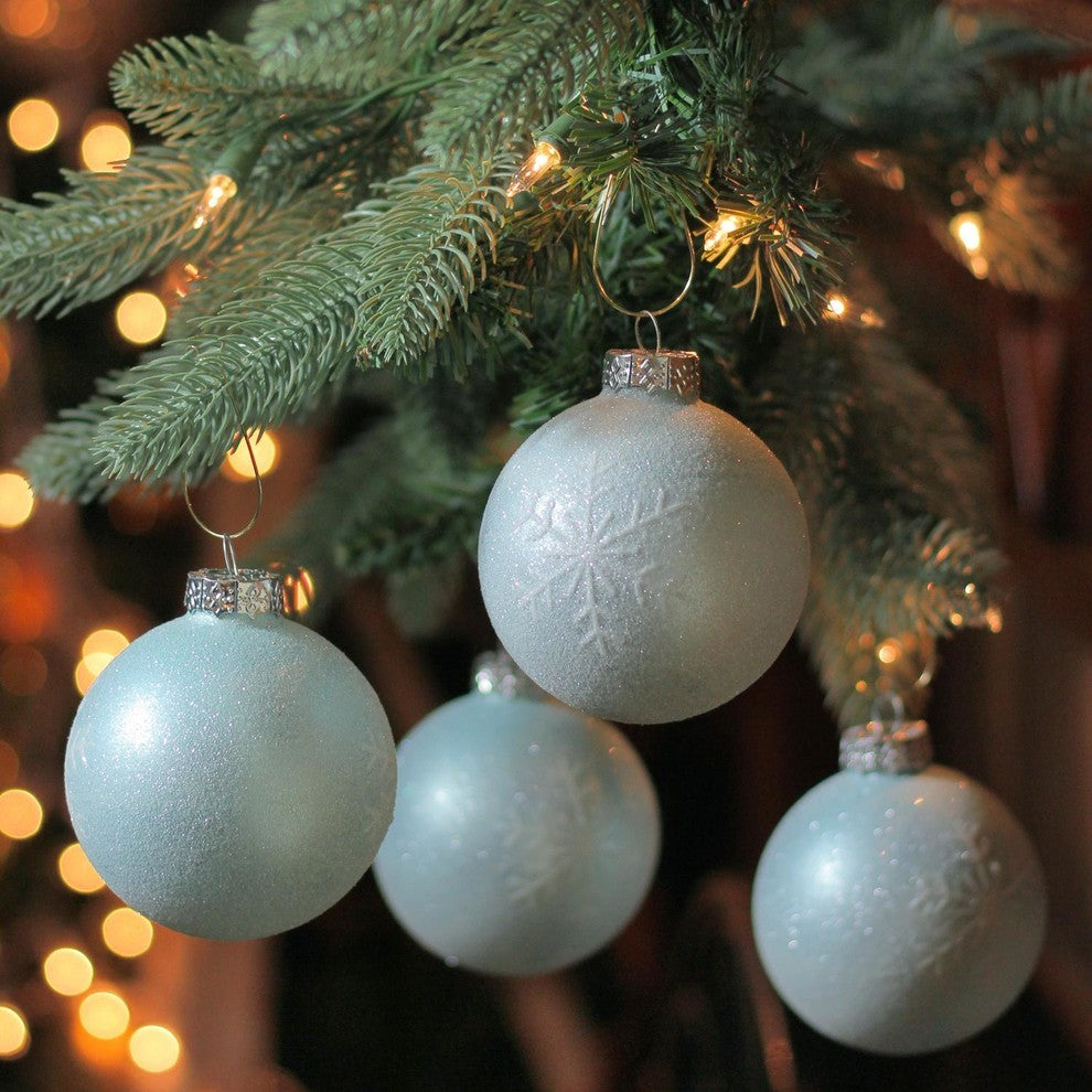 Blue, White Snowflake Decorated Christmas Glass Ball Ornaments 3", Set of 4
