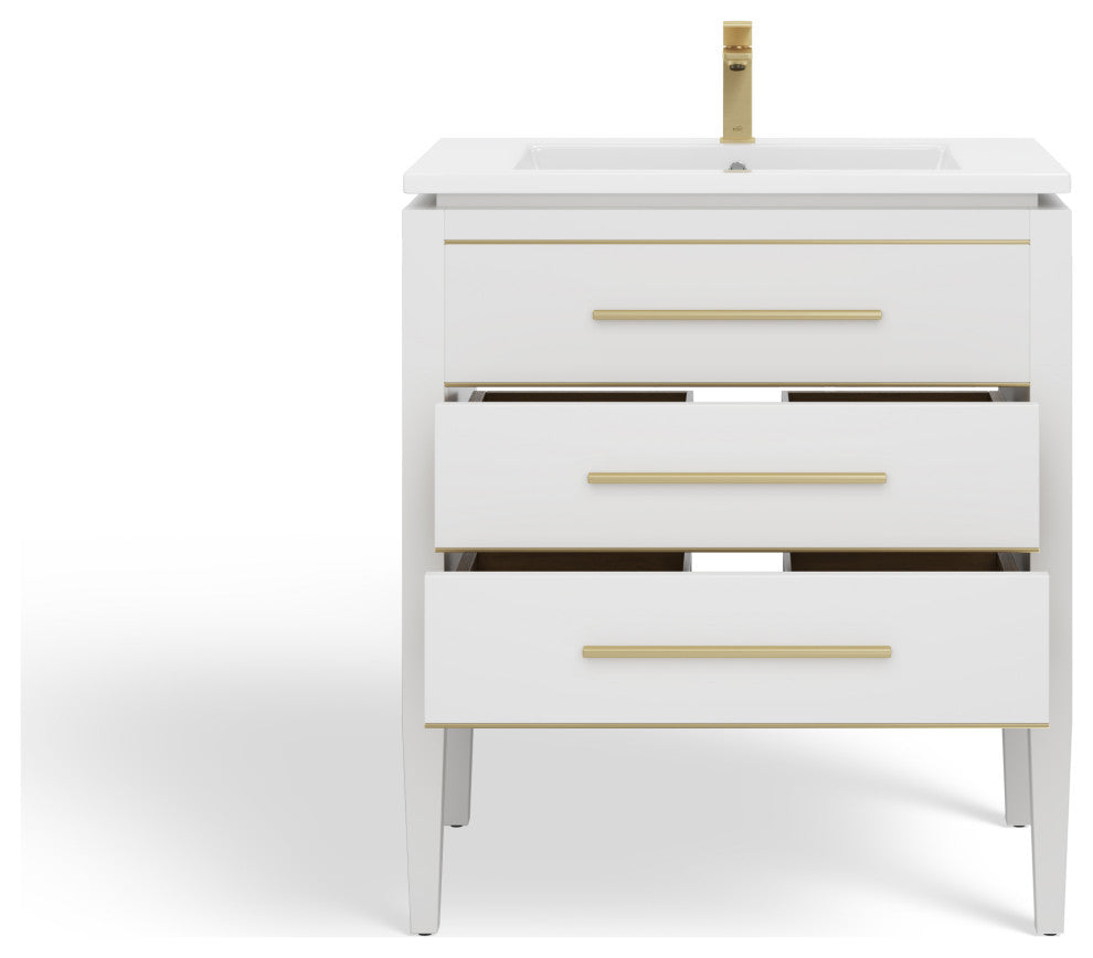 Celios Bathroom Vanity, White With Brass Trim, 30", Single Sink, Freestanding
