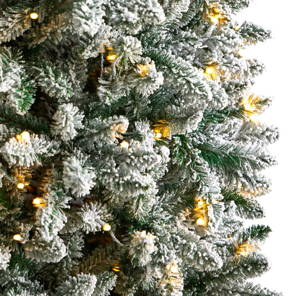 7' Slim Flocked Montreal Fir Artificial Christmas Tree, 300 Warm White LEDs