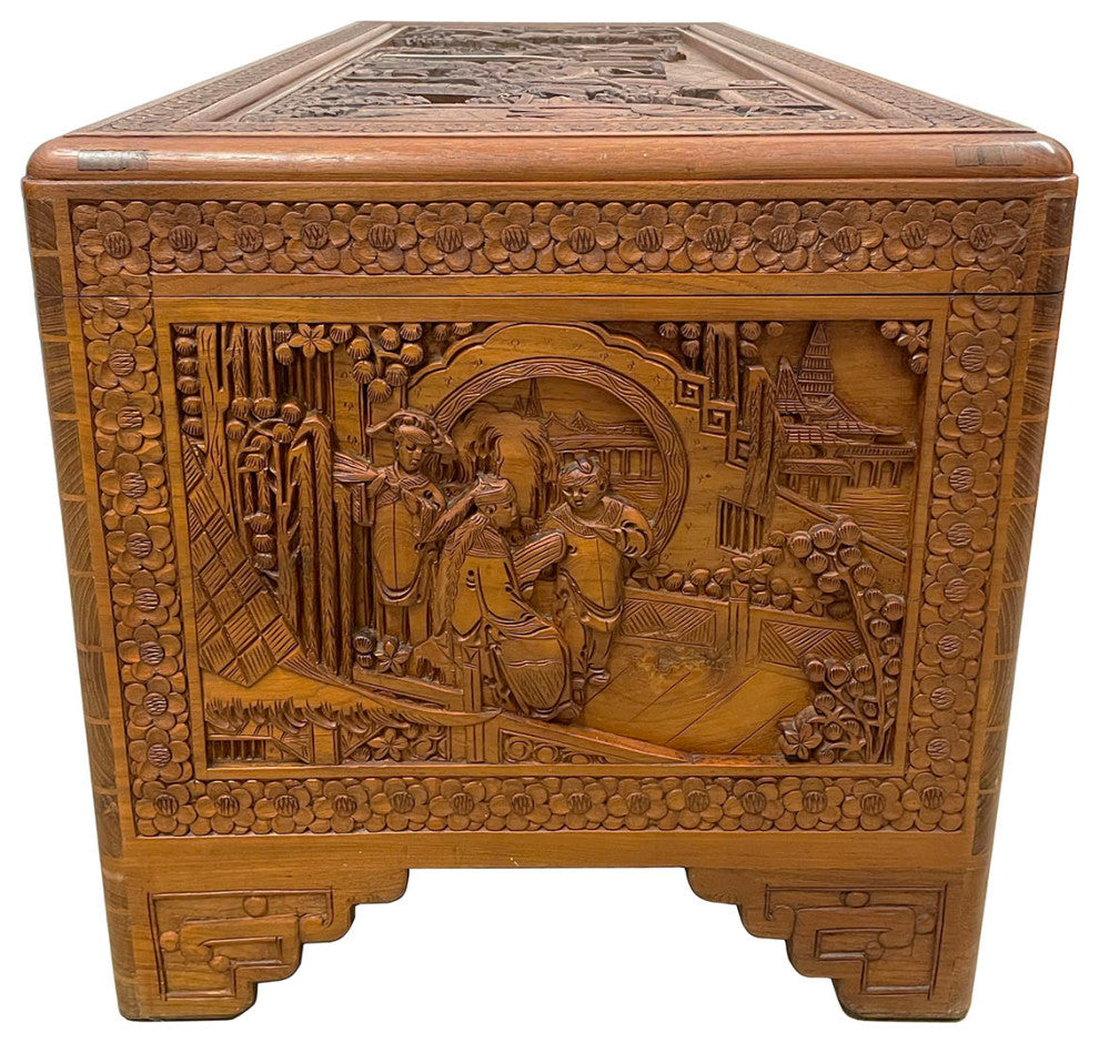 Consigned Early 20th Century Chinese Carved Camphor Wooden Trunk, Hope Chest