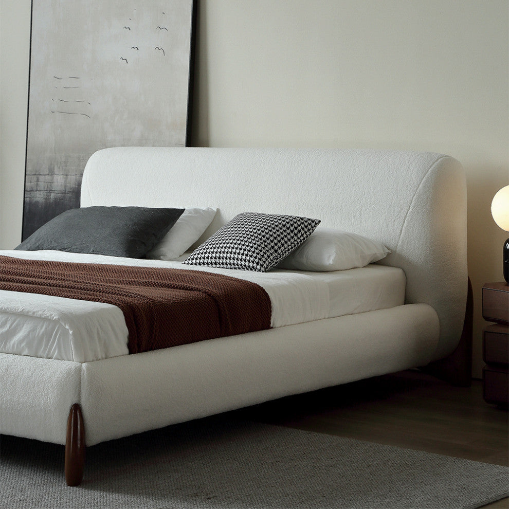 White Boucle Platform Bed King Size Bed Frame with Upholstered Headboard