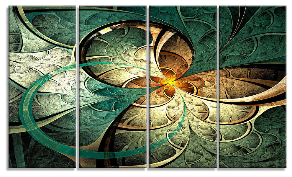 Dark Yellow Green Fractal Flower, Abstract Canvas Art Print, 48"x28", 4 Panels