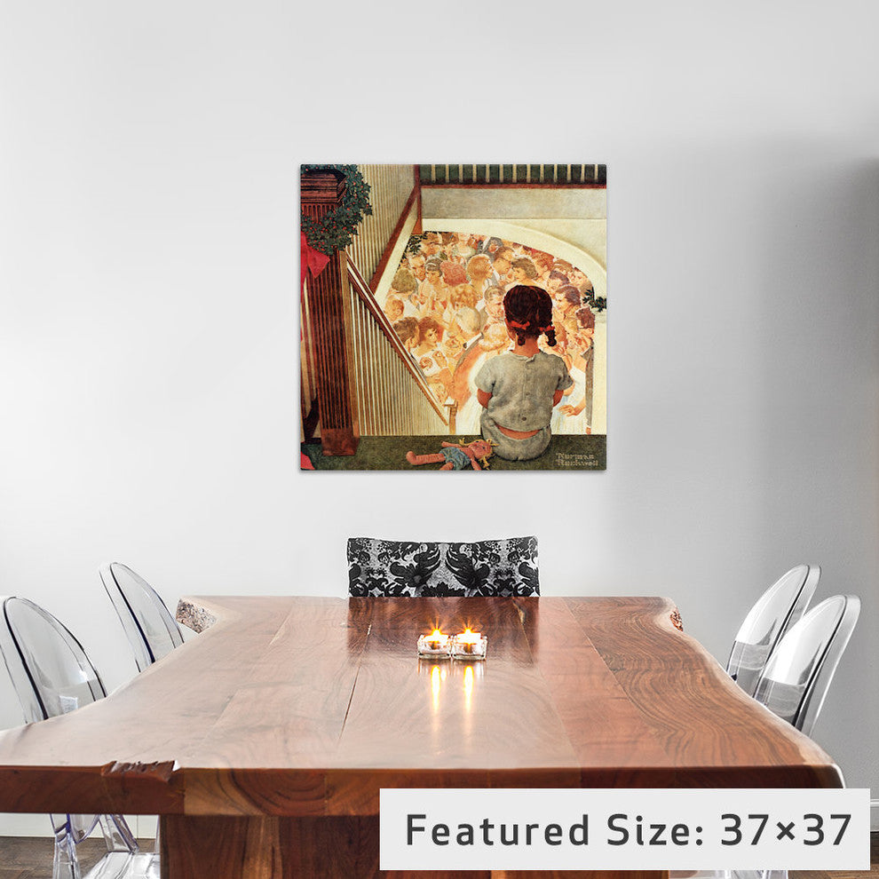 "Little Girl Looking Downstairs at Party" by Norman Rockwell, 26x26x1.5"