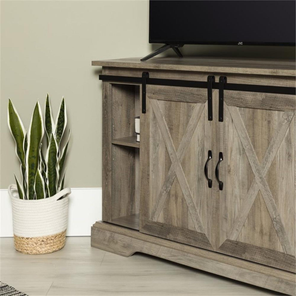 Pemberly Row Farmhouse Wood Corner TV Stand for TVs up to 52" in Gray