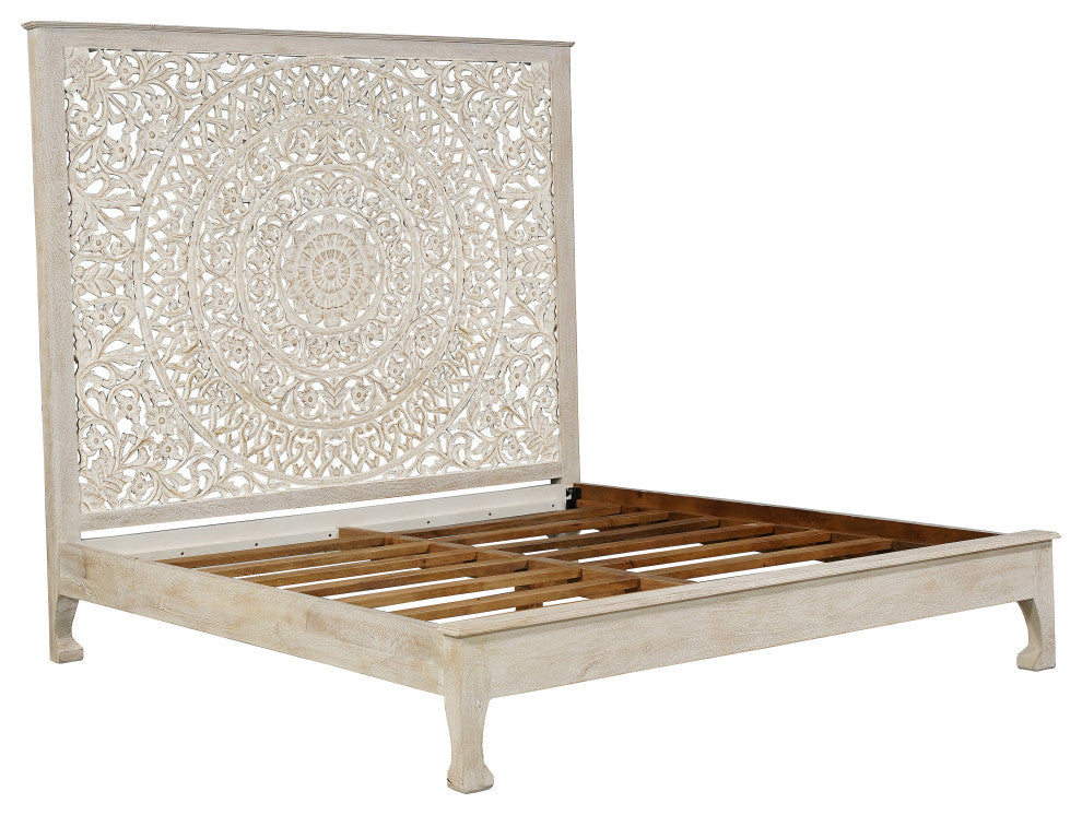 Milano Floral Carved Solid Wood Queen Panel Bed, White, King
