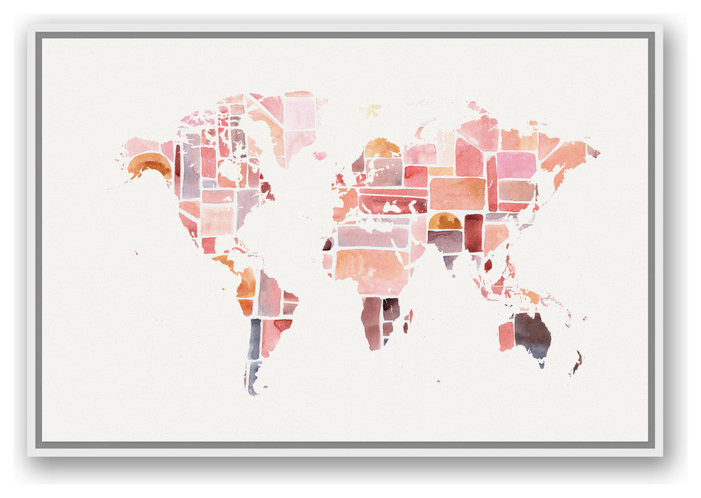 Pink World Map 24x36 White Floating Framed Canvas