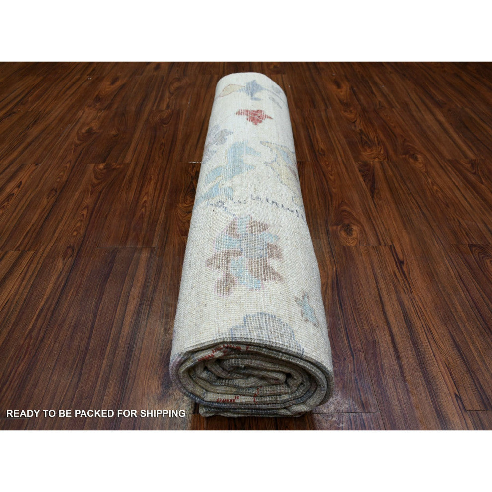 Ivory, Hand Knotted, Afghan Angora Oushak Pure Wool Oriental Rug, 8'1"x9'10"