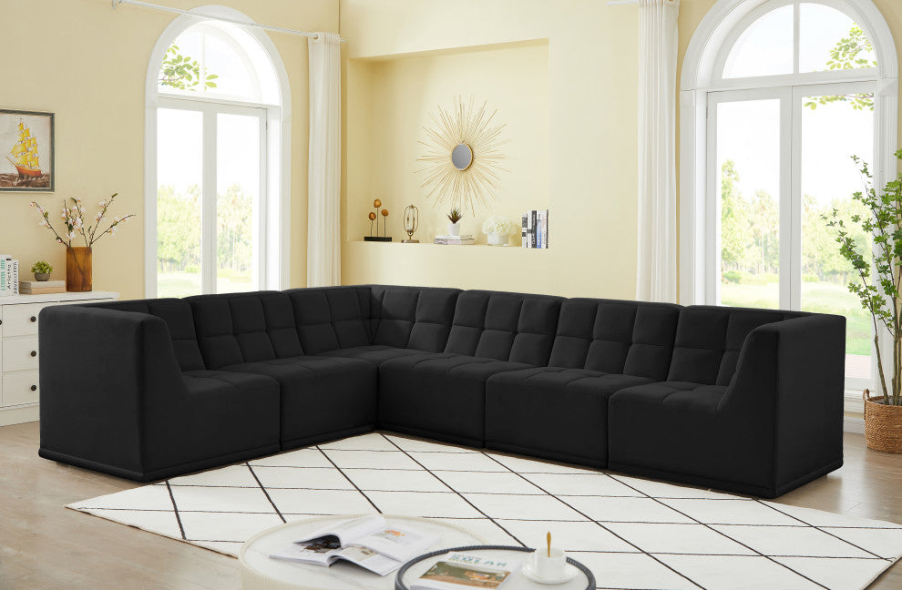 Relax Velvet Upholstered 6-Piece L-Shaped Modular Sectional, Black