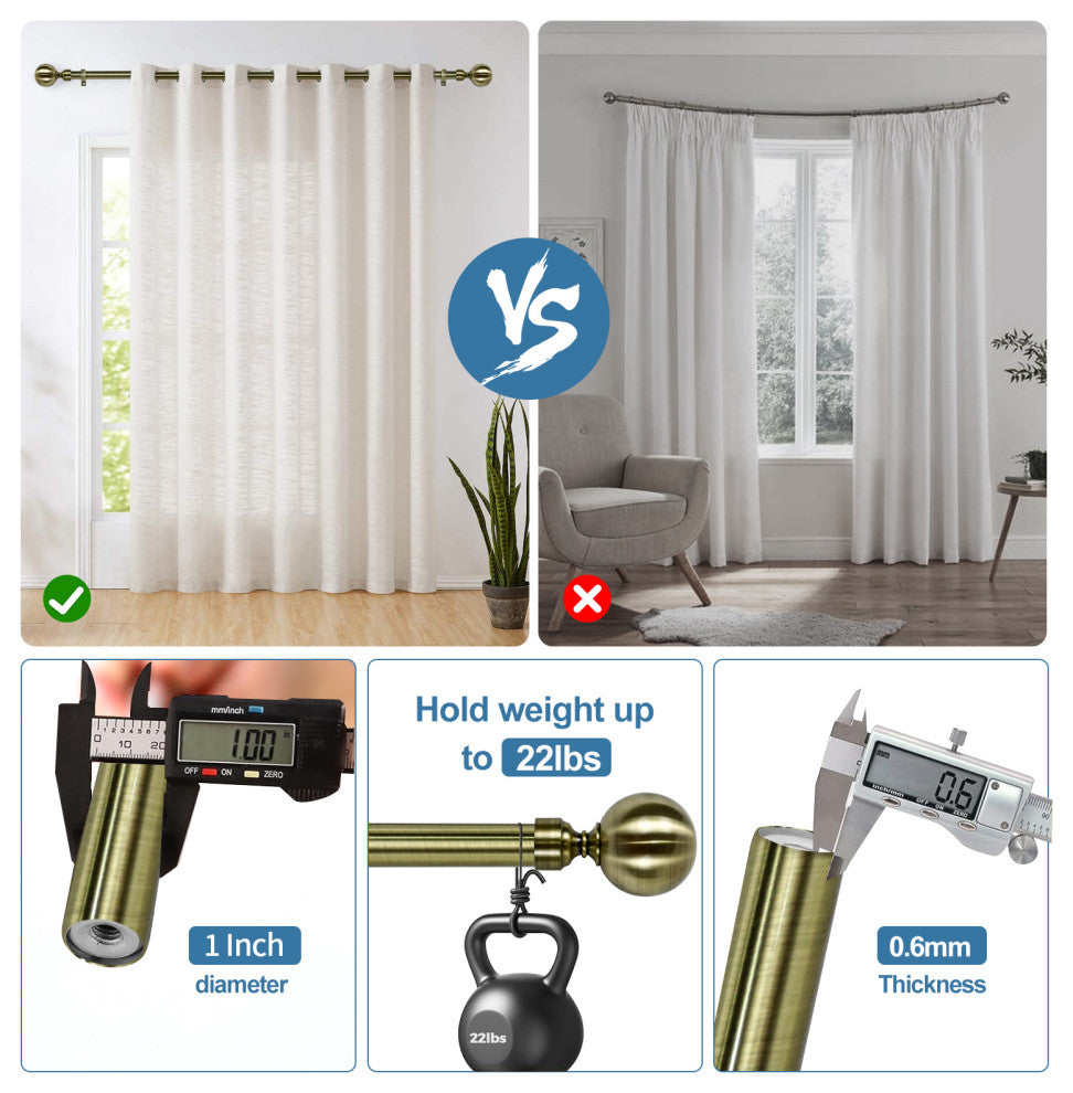 1" Steel Ball Drapery Curtain Rod, Antique Brass, 48"-84"