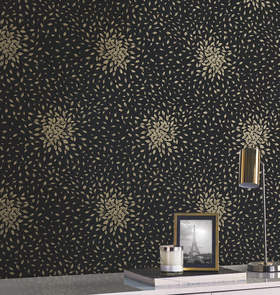 Black & Gold Petite Leaves Wallpaper