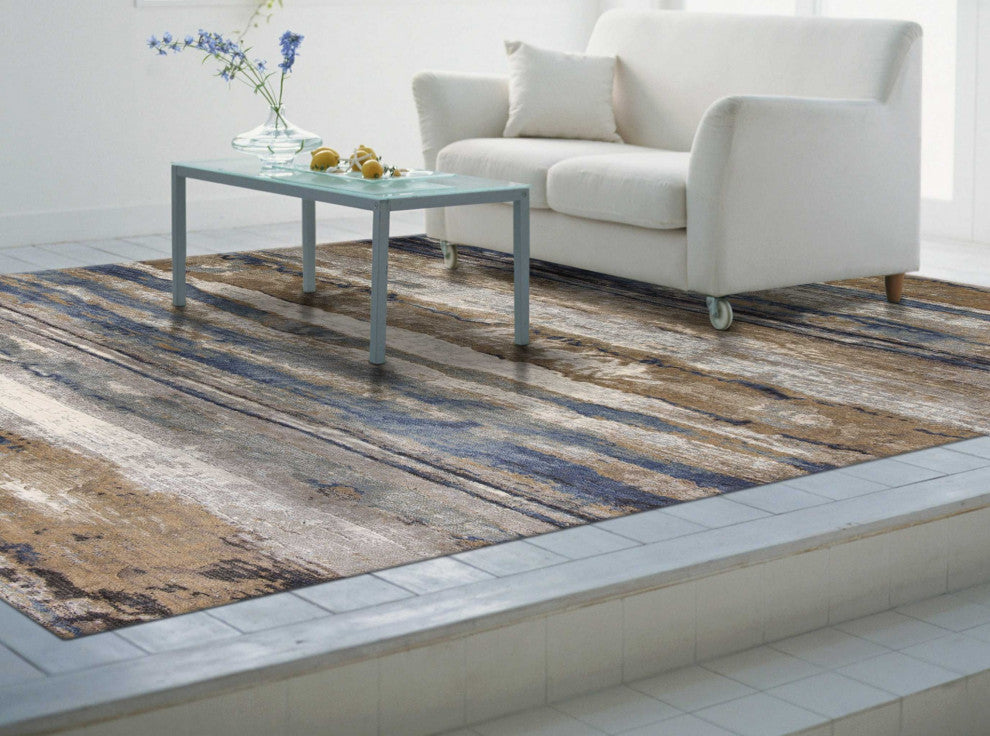 HomeRoots 5' x 8' Ivory or Blue Abstract Brushstrokes Viscose Indoor Area Rug