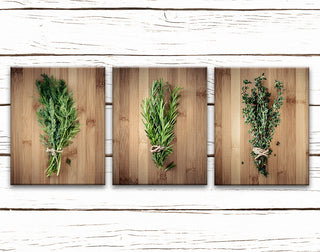 3-Piece Culinary Herbs On Bamboo, Kitchen Art Canvas, Contemporary Wall Decor