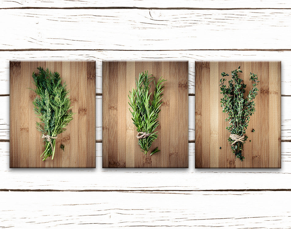 3-Piece Culinary Herbs On Bamboo, Kitchen Art Canvas, Contemporary Wall Decor