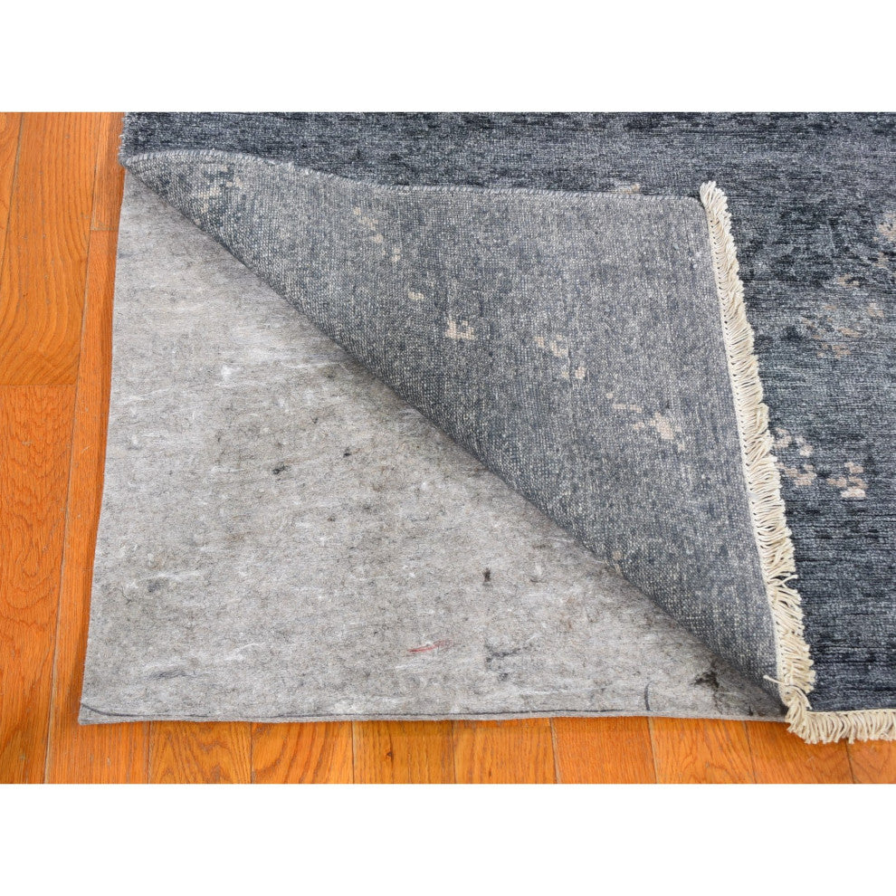 Dark Gray Hand Knotted Art Silk Modern Wide Runner Oriental Rug, 3'0"x11'9"