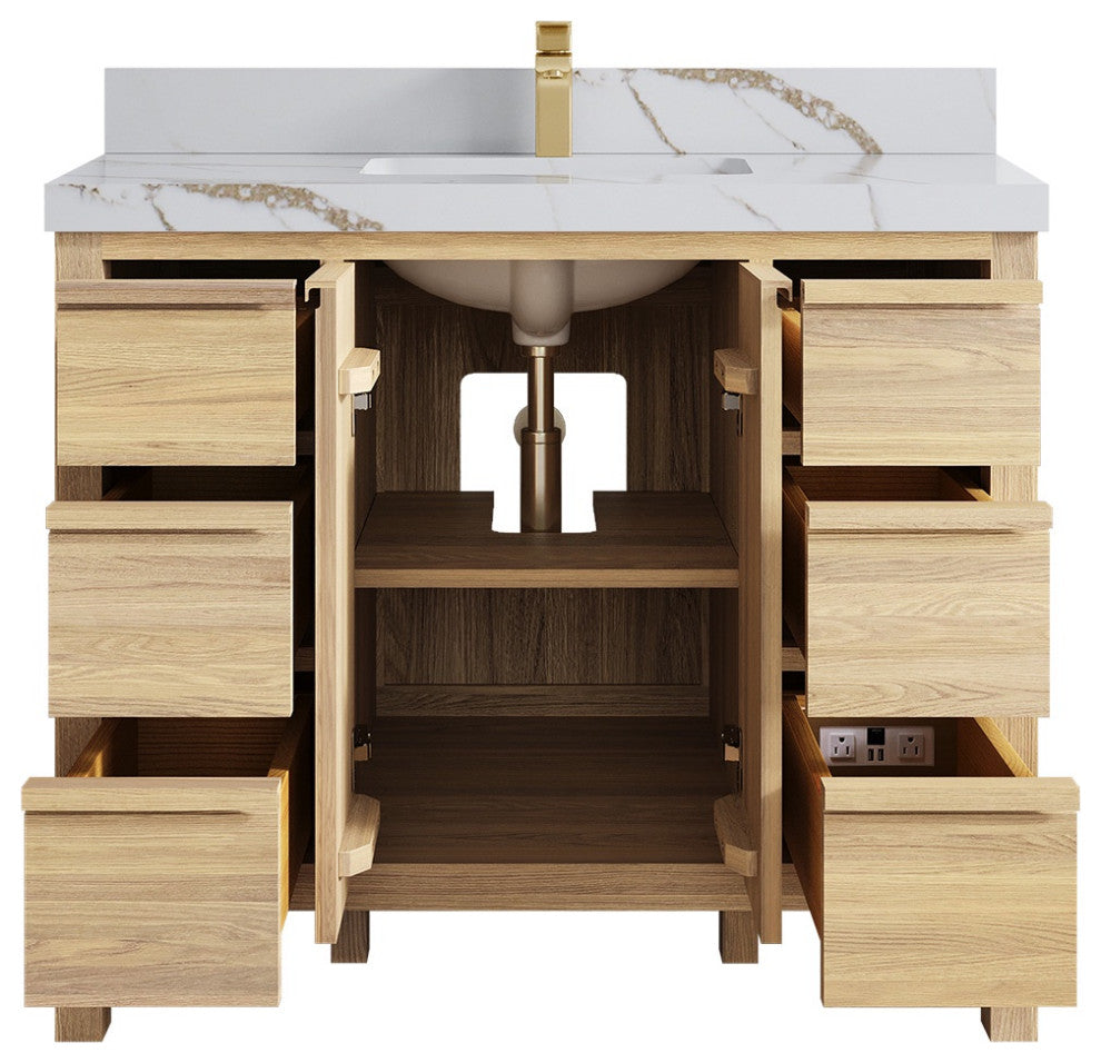 Elizabeth Oak 42" Single Sink Vanity, White 2" Calacatta Gold