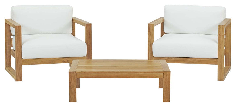 Lounge Armchair Chair Table Set, White Natural, Wood, Modern, Outdoor Patio