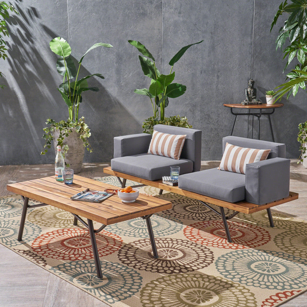 GDF Studio Nora Outdoor Acacia Wood Chat Set, Teak Finish/Dark Gray