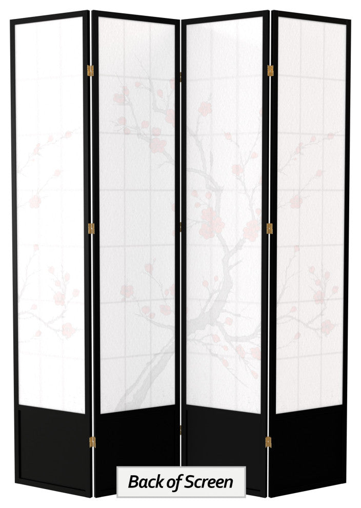 7' Tall Cherry Blossom Shoji Screen, Black, 4 Panels