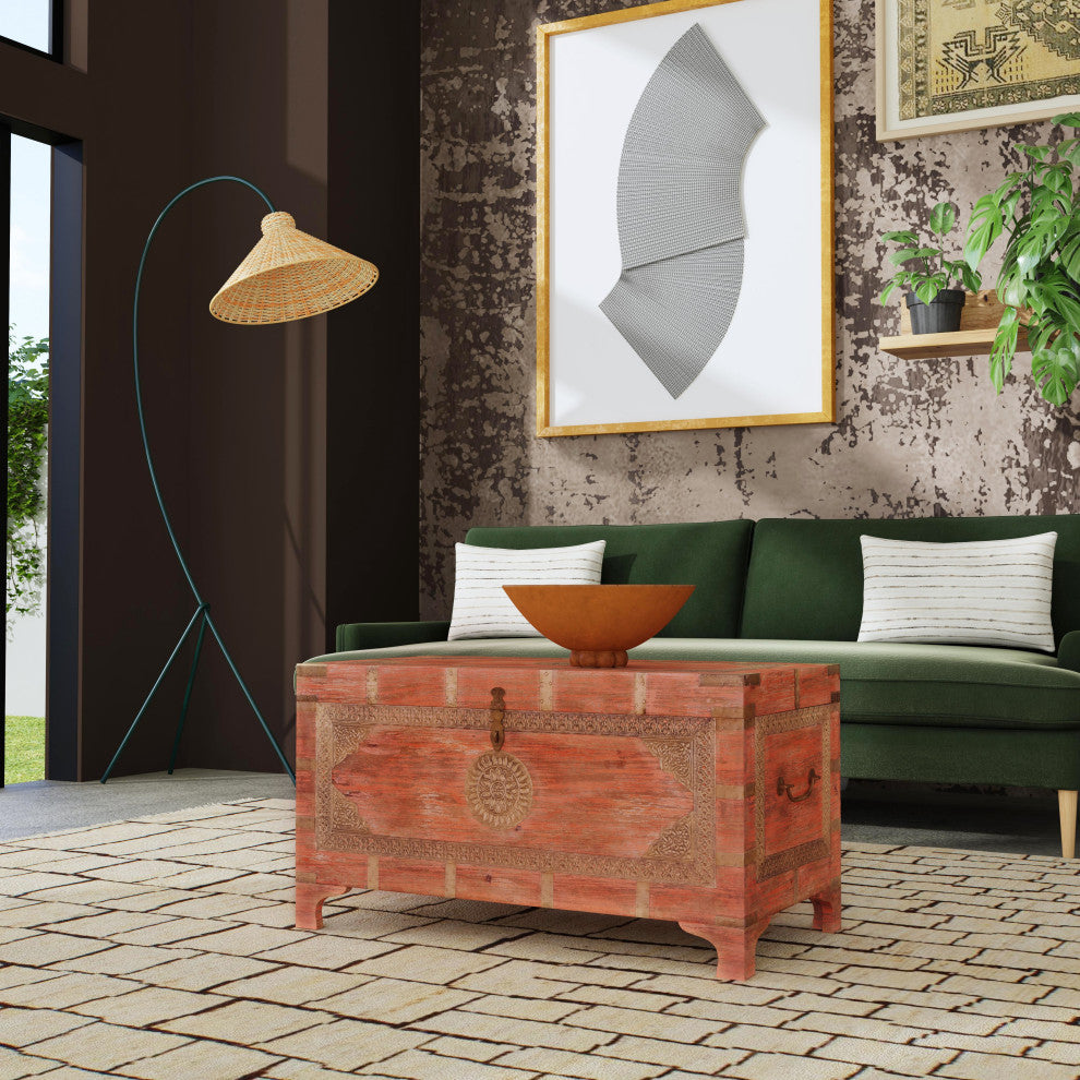 Nador Hand-Painted Brass Inlay Storage Trunk Coffee Table, Blush