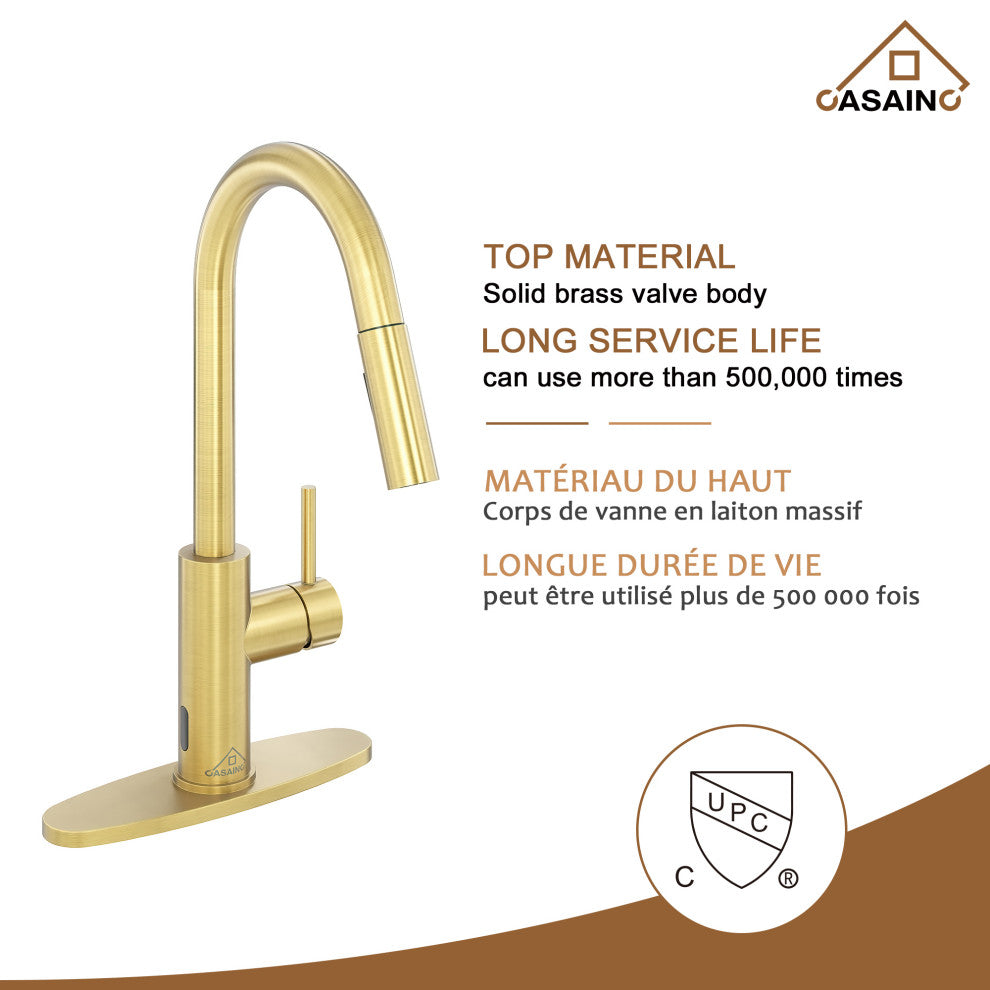 Touchless Pull Down Single Handle Kitchen Faucet With LED Function, Brushed Gold