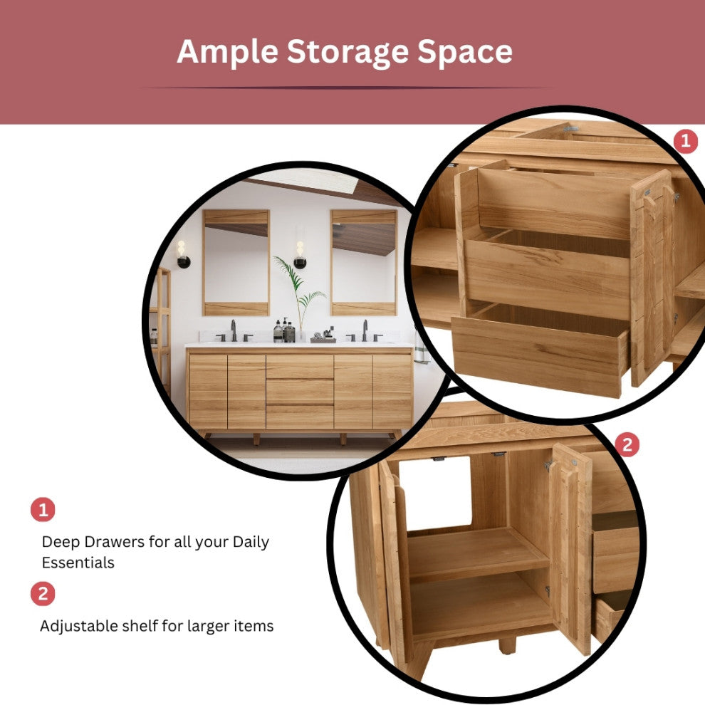 Avanity Coventry 73" Bath Vanity Combo, Natural Teak Finish, Carrara White Marble Top
