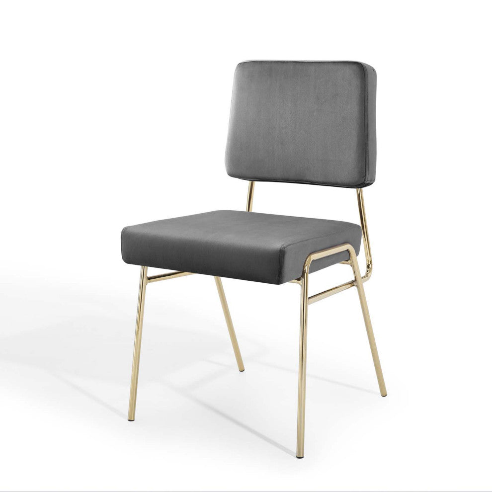 Side Dining Chair, Velvet, Metal, Gold Gray, Modern, Cafe Bistro Restaurant