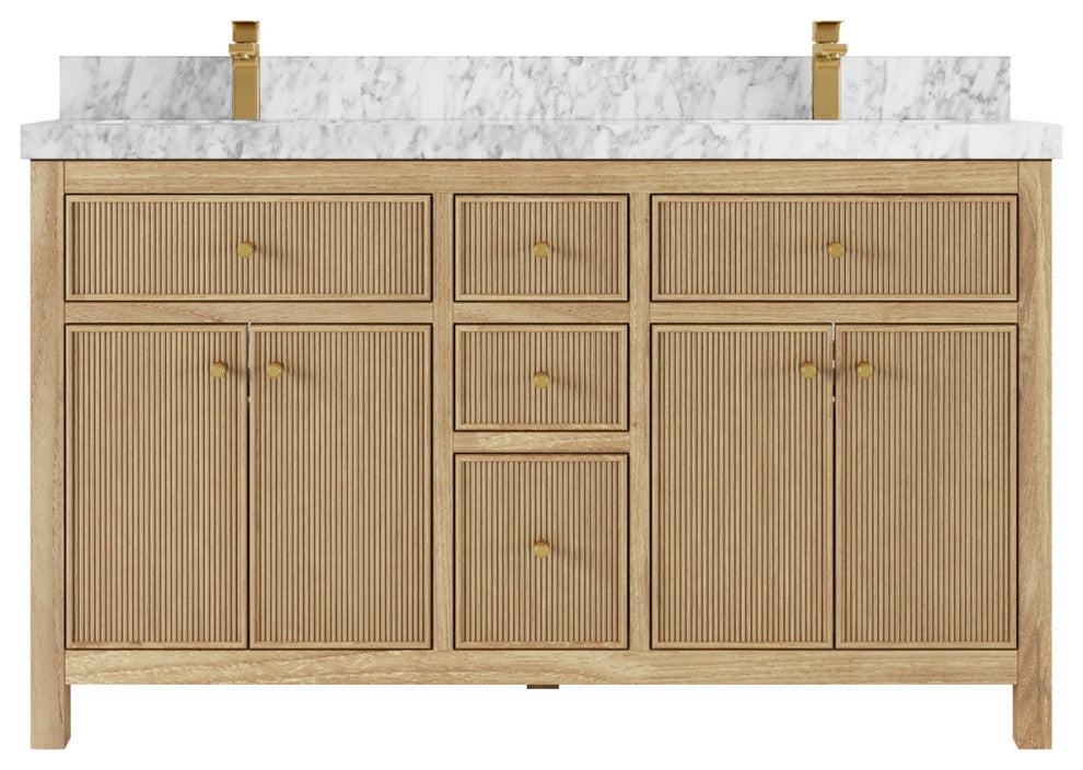 Sonoma 60 Double Bathroom Vanity in Light Natural Teak with 2" Carrara Marble