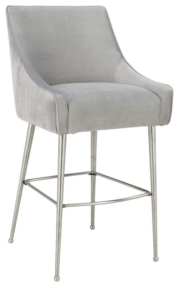 Beatrix Pleated Light Grey Velvet Bar Stool - Light Grey