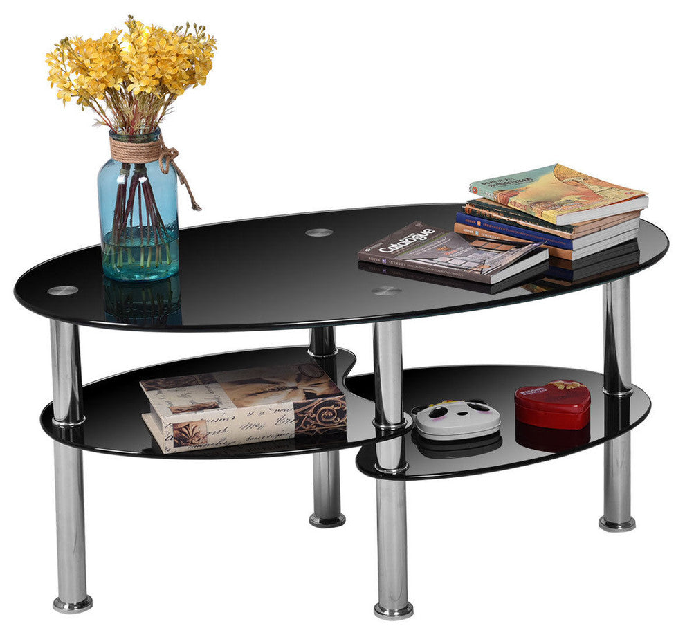 Costway Tempered Glass Oval Side Coffee Table Shelf Chrome Base Living Room