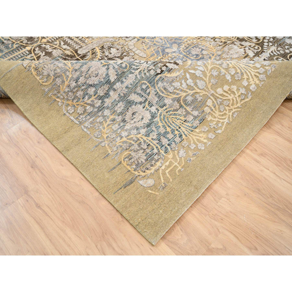 Honey Brown, Silk With Textured Wool, Hand Knotted, Oriental Rug, 9'2" x 12'0"