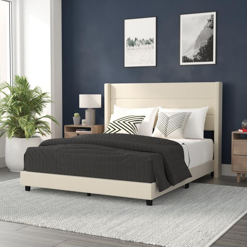 Hollis Upholstered Platform Bed with Wingback Headboard w/Mattress Foundation, Beige, Queen