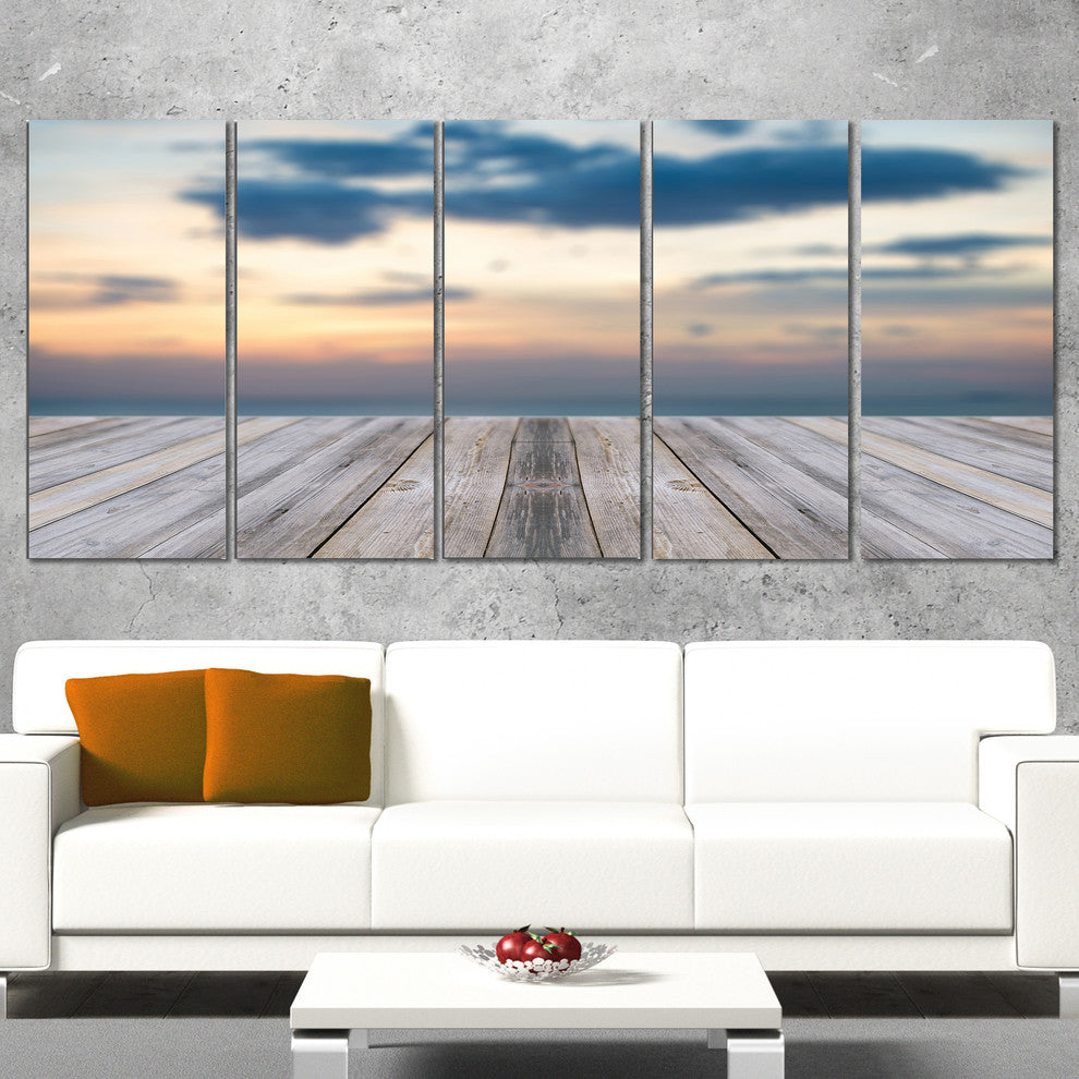 Wooden Board at Sunset Seashore, Modern Canvas Art Print, 60"x28", 5 Panels