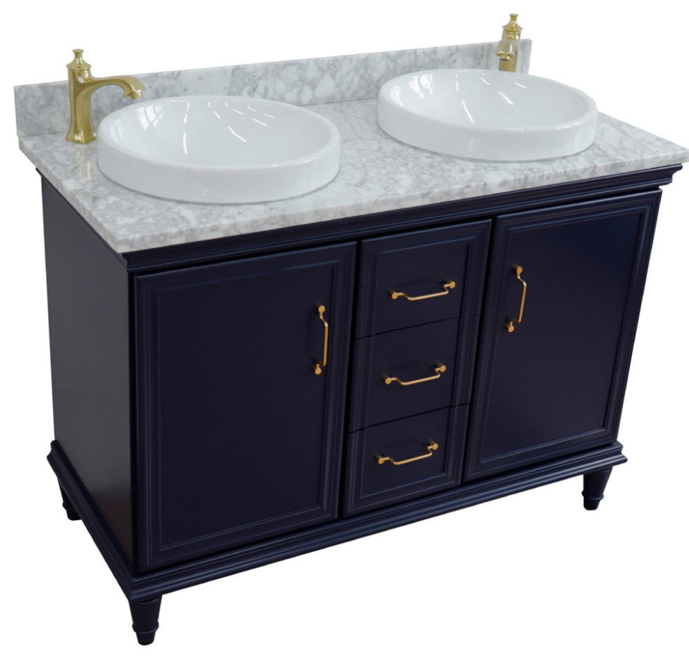 49" Double Vanity, Blue Finish With White Carrara And Round Sink