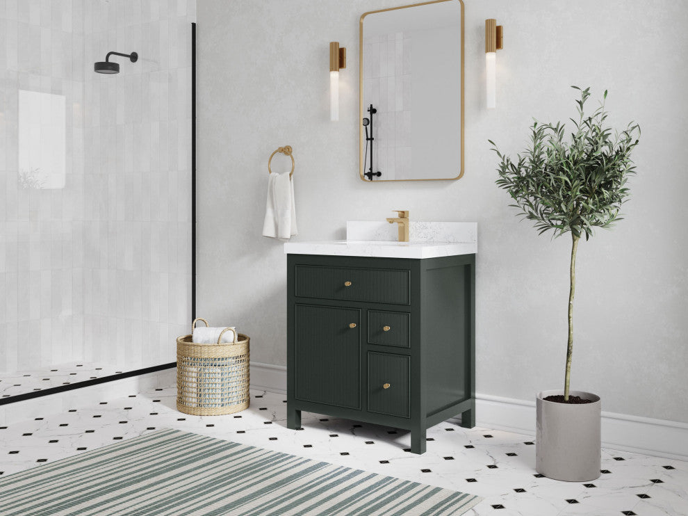 Sonoma 30 Single Sink Reeded Bath Vanity in Dark Forest Green 2" Piatra Gray