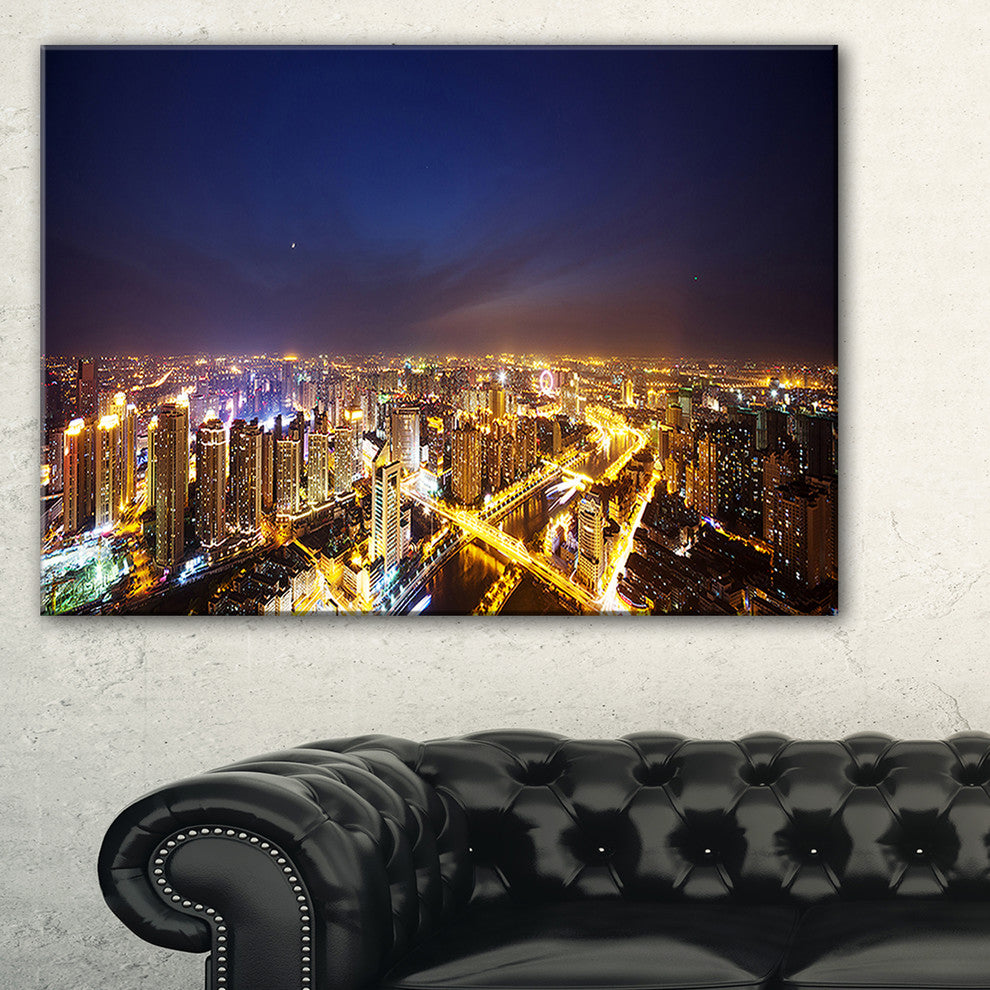 "Downtown Nighttime Panorama" Cityscape Artwork Canvas, 40"x30"
