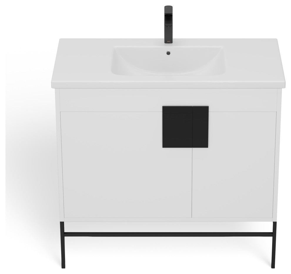 Lockhart Bath Vanity, White, 36", Black Hardware, Single Sink, Freestanding