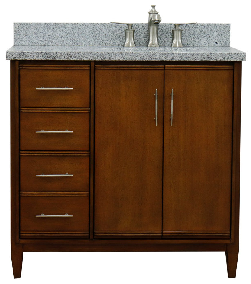 37" Single Vanity, Walnut Finish With Gray Granite